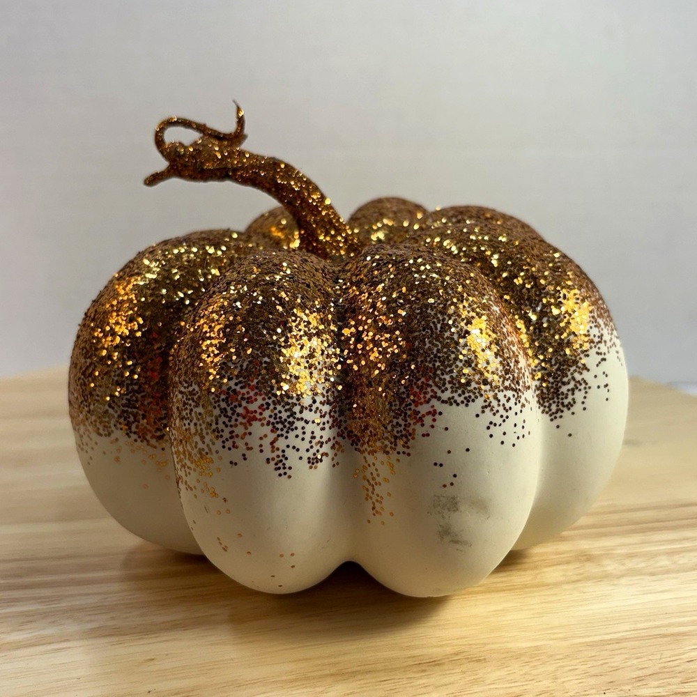 White Gold Glitter Pumpkin Figurine 5 in Thanksgiving Halloween